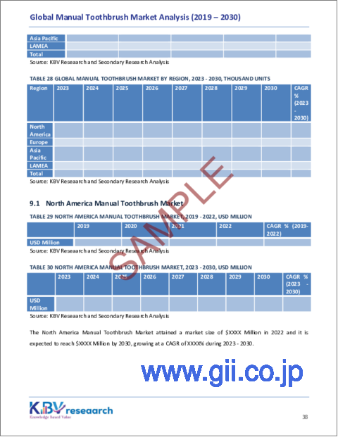 サンプル2：手動歯ブラシの世界市場：市場規模、シェア、動向分析 - 流通チャネル別、材質タイプ別、タイプ別、エンドユーザー別、地域別展望・予測（2023～2030年）