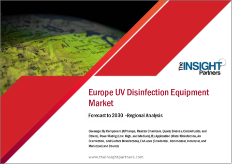 表紙：欧州のUV殺菌装置：2030年市場予測-地域別分析-部品別、定格出力別、用途別、エンドユーザー別.
