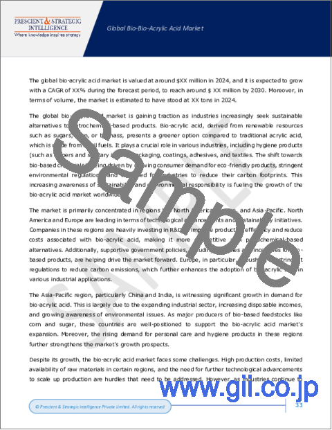サンプル1：バイオアクリル酸の世界市場：市場規模・シェア分析 (誘導体別・用途別)、産業の需要予測 (～2030年)