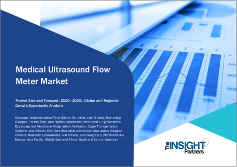 表紙：医療用超音波流量計の市場規模・予測、世界・地域シェア、動向、成長機会分析レポート：実施タイプ別、技術別、用途別、エンドユーザー別、地域別
