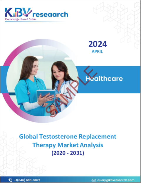 表紙：テストステロン補充療法の世界市場の規模、シェア、動向分析レポート-エンドユーザー別、製品タイプ別、アクティブ別、地域別展望と予測、2024年～2031年