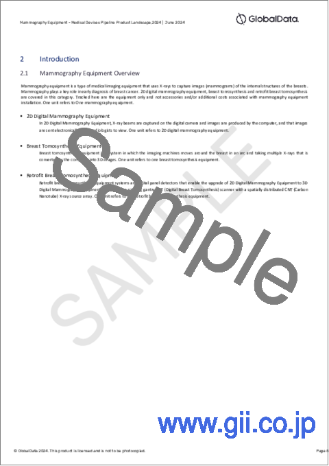 サンプル1：マンモグラフィ装置のパイプライン - 開発段階、セグメント、地域と国、規制経路、主要企業（2024年版）