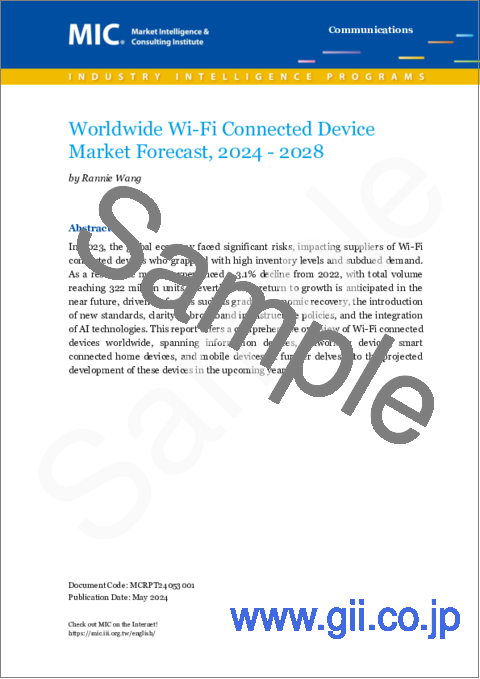 サンプル2：世界の5年間の市場予測 (2024～2028年)：PC、サーバー、マザーボード、Wi-Fi接続デバイス、スマートフォン