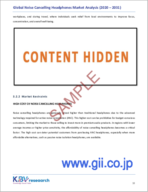 サンプル1：ノイズキャンセリングヘッドフォンの世界市場規模、シェア、動向分析：製品別、タイプ別、用途別、流通チャネル別、地域別展望と予測（2024年～2031年）