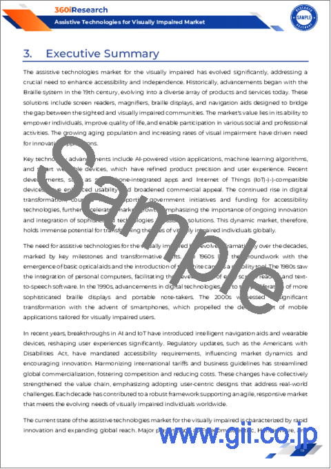 サンプル1：視覚障害者向け支援技術市場：製品タイプ、エンドユーザー、流通チャネル別-2025-2030年の世界予測