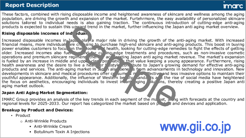 サンプル1：日本のアンチエイジング市場レポート：製品・デバイス、用途、地域別、2025年～2033年