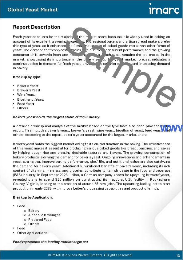 サンプル1:酵母市場:形態別、タイプ別、用途別、地域別、2025-2033年