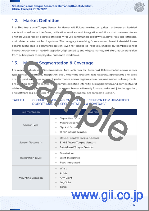 サンプル1：ヒューマノイドロボット用6次元トルクセンサ市場：センサタイプ、センサ配置、用途別-2025-2030年の世界予測