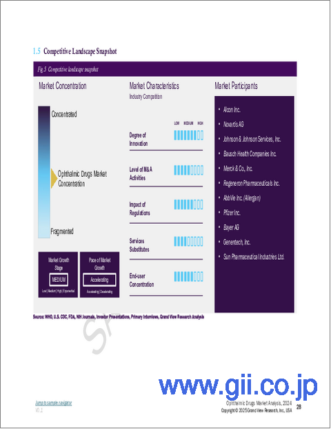サンプル1:眼科薬の世界市場:市場規模・シェア・動向分析 (薬剤クラス別・疾患別・投与方法別・投与経路別・製品種類別・医薬品の種類別・地域別)、セグメント別予測 (2025年~2030年)