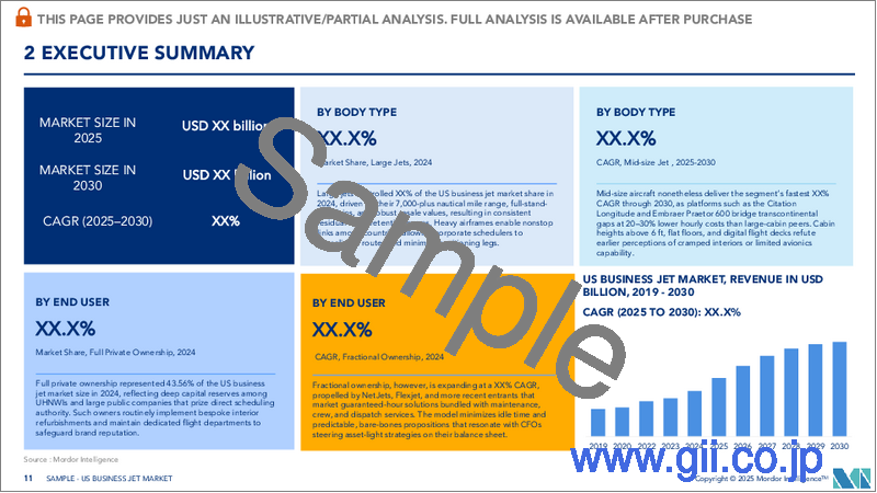 サンプル1：米国のビジネスジェット機：市場シェア分析、産業動向・統計、成長予測（2025年～2030年）