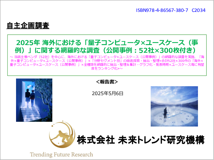 表紙：2025年 海外における「量子コンピュータ×ユースケース（事例）」に関する網羅的な調査（公開事例：52社×300枚付き）