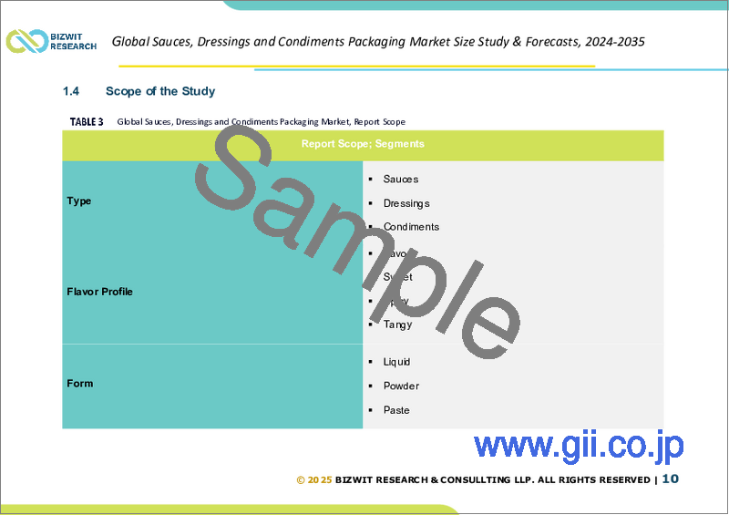 サンプル1：ソース・ドレッシング・調味料包装の世界市場：市場規模の分析 (種類別、フレーバープロファイル別、形状別、包装の種類別、地域別) と将来予測 (2025～2035年)