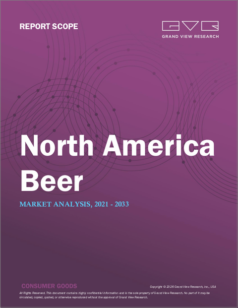 表紙：ビールの北米市場規模、シェア、動向分析レポート：製品別、包装別、生産別、流通チャネル別、国別、セグメント別予測、2025年～2030年