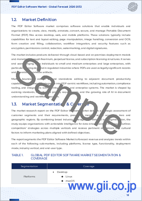サンプル1：PDFエディタソフトウェア市場：機能別、デバイスタイプ別、ライセンスタイプ別、展開モード別、業界別、エンドユーザータイプ別 - 2025年～2030年の世界予測