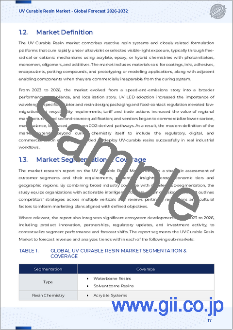 サンプル1：UV硬化樹脂市場：樹脂タイプ、組成、機能性、硬化プロセス、用途、エンドユーザー産業別-2025-2030年世界予測