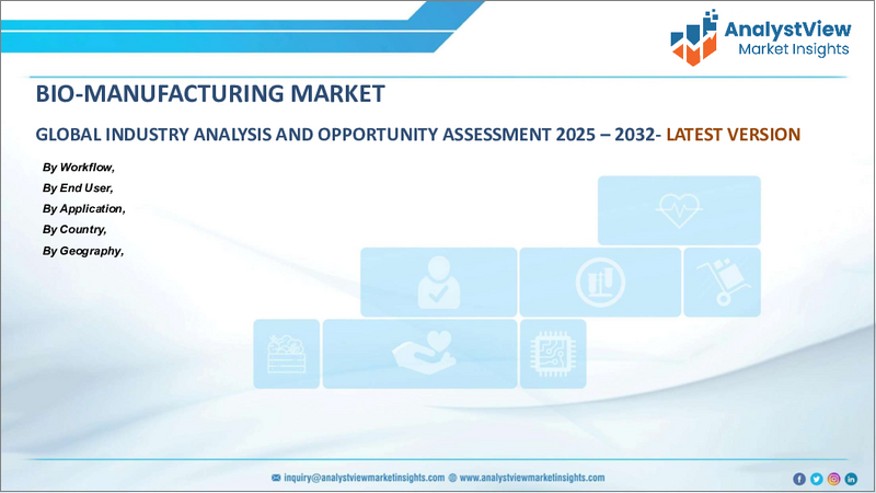 表紙：バイオ製造の世界市場：ワークフロー別・用途別・エンドユーザー別・国別・地域別 - 2025年～2032年の産業分析、市場規模・シェア、将来予測