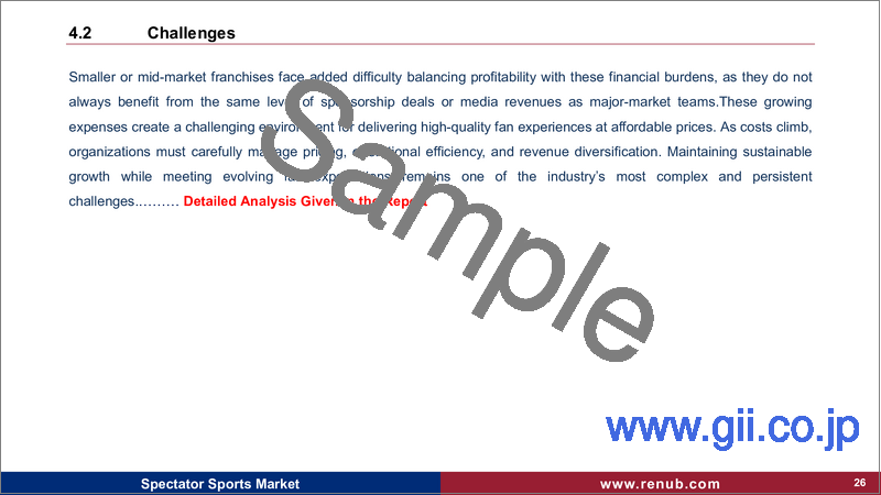 サンプル1：観戦スポーツの世界市場：スポーツタイプ別、収益源別、国別、企業分析（2025年～2033年）