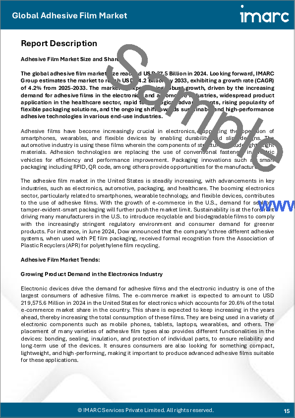 サンプル1：粘着フィルムの市場規模、シェア、動向、予測：フィルム素材、技術、用途、最終用途産業、地域別、2025年～2033年