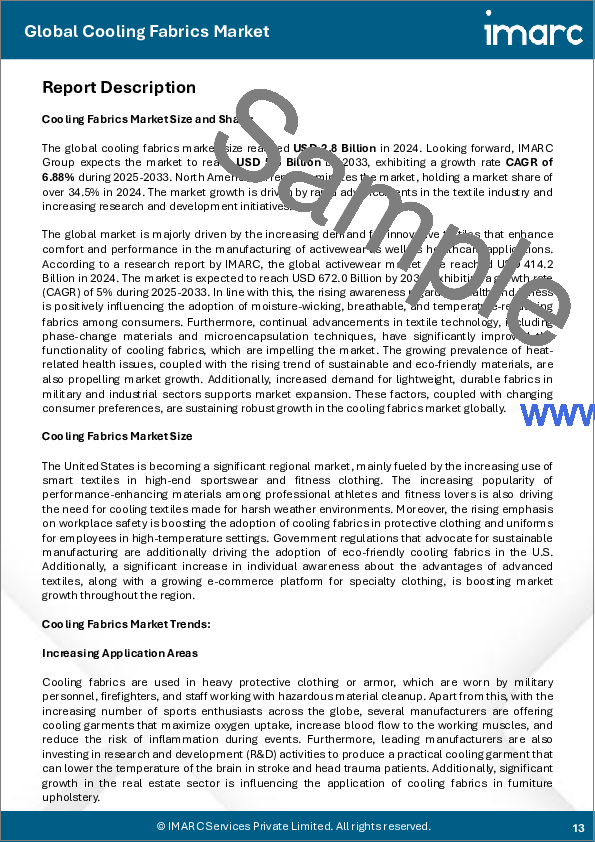 サンプル1：冷却ファブリックの世界市場 - 市場規模、シェア、動向、予測：タイプ別、用途別、地域別、2025年～2033年