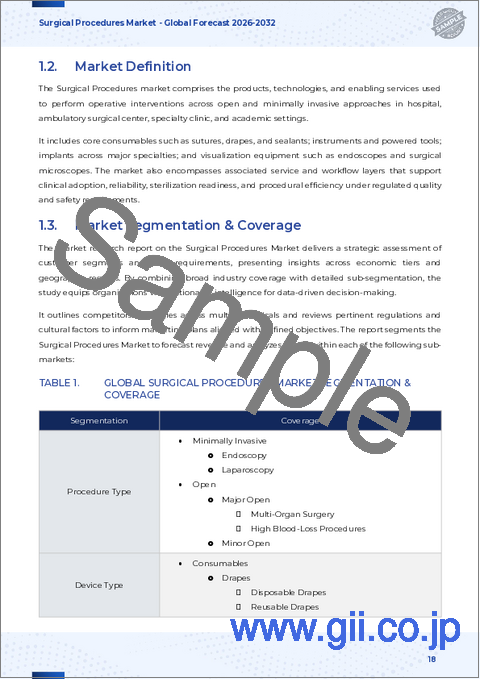 サンプル1：外科手術市場：処置タイプ、デバイスタイプ、エンドユーザー、用途別 - 2025年～2032年の世界予測