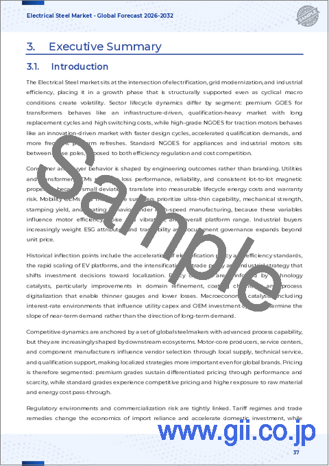 サンプル2:電磁鋼板市場:製品タイプ、厚さ、コーティングタイプ、用途別-2025年~2032年の世界予測
