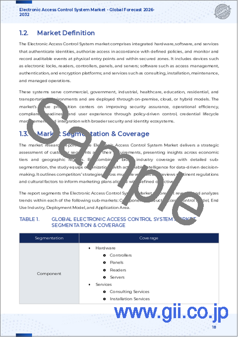 サンプル1：電子入退室管理システム市場：コンポーネント、製品、入退室管理モデル、最終用途産業、展開モデル、組織規模、用途分野別-2025～2032年の世界予測