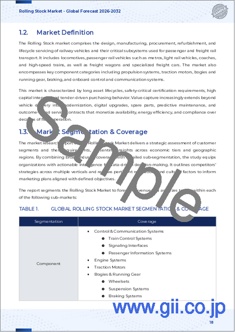 サンプル1：鉄道車両市場：車種、コンポーネント、推進タイプ、用途別-2025～2032年の世界予測