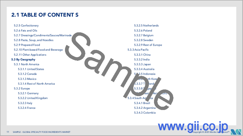 サンプル1：特殊食品原料：市場シェア分析、産業動向、統計、成長予測（2025年～2030年）