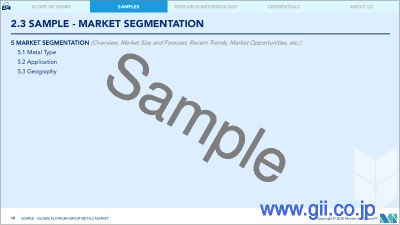 サンプル2：白金族金属：市場シェア分析、産業動向、統計、成長予測（2025年～2030年）