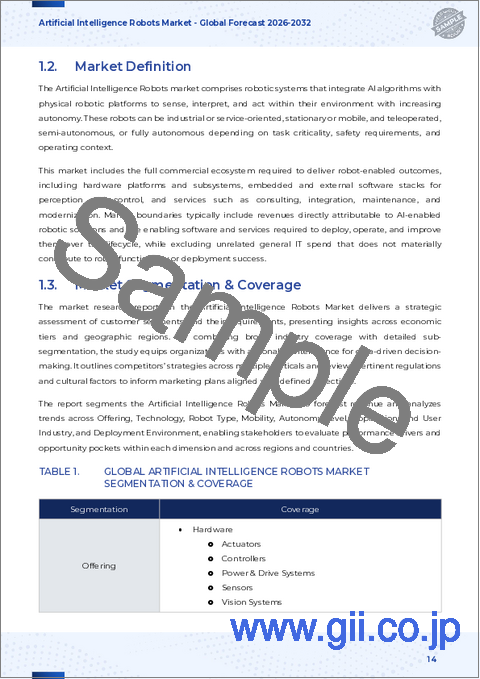 サンプル1：人工知能ロボットの世界市場：ロボットタイプ、用途、産業、エンドユーザー、コンポーネント別-2025-2032年予測