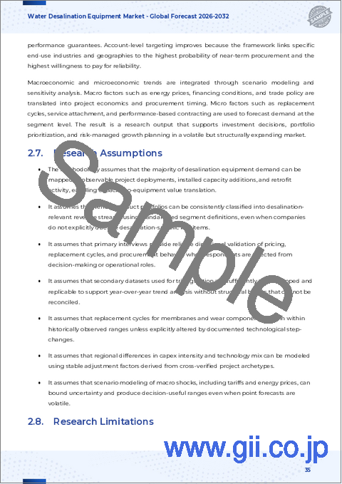 サンプル2：海水淡水化装置の世界市場：技術タイプ、エネルギー源、設置タイプ、水源、用途別-2025-2032年予測