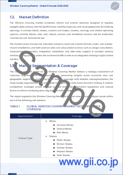 サンプル1：窓用カバーリング市場：製品タイプ、素材タイプ、操作メカニズム、設置タイプ、用途、流通チャネル別-2025-2032年世界予測