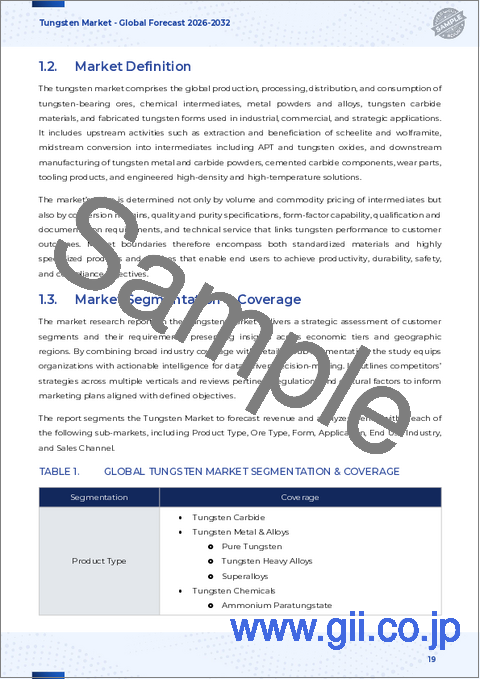 サンプル1:タングステン市場:タイプ別、製品タイプ別、用途別、最終用途別-2025~2032年の世界予測