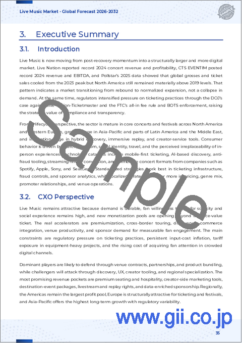 サンプル2：ライブ音楽市場：ジャンル別、会場別、モジュール別、年齢層別、収益源別、イベントタイプ別-2025～2032年の世界予測