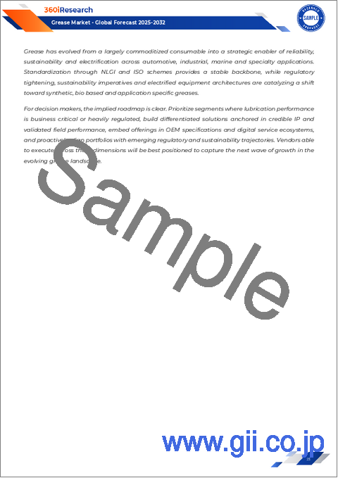サンプル1：グリース市場：製品タイプ、ベースオイル、増粘剤タイプタイプ、包装タイプ、流通チャネル、用途別-2025-2032年の世界予測