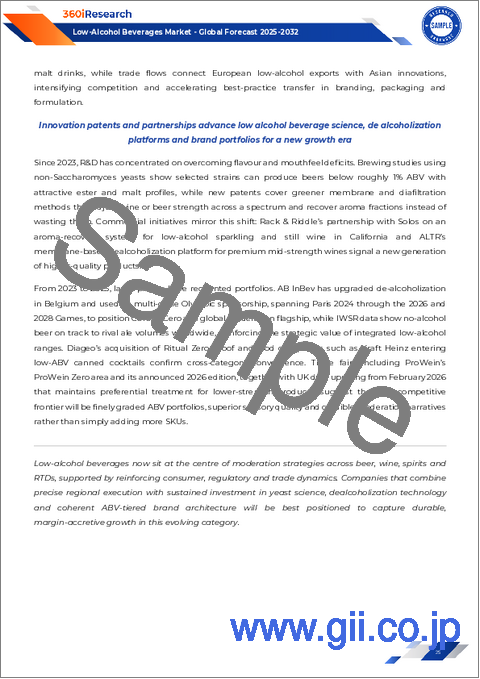 サンプル1：低アルコール飲料市場：製品タイプ別、包装形態別、流通チャネル別、風味プロファイル別、アルコール度数別－世界予測（2025-2032年）