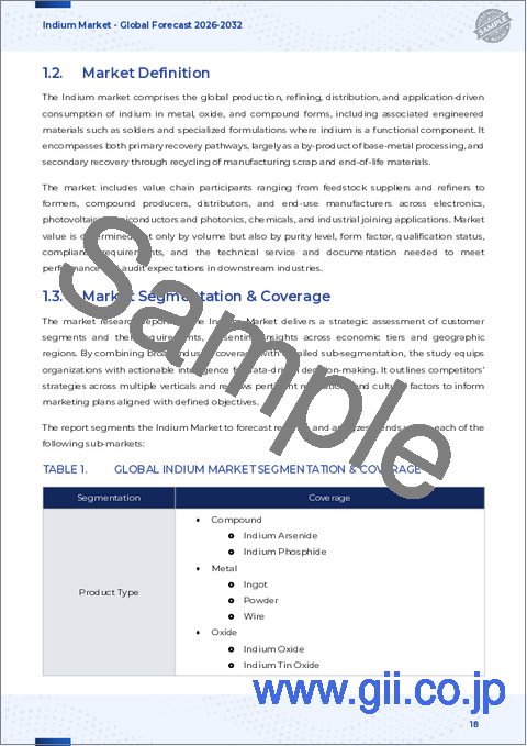サンプル1：インジウム市場：用途別、製品タイプ別、純度別、供給源別- 世界予測2025-2032年