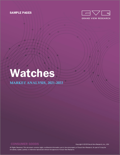 表紙：腕時計の市場規模、シェアと動向分析レポート：タイプ別、価格帯別、エンドユーザー別、流通チャネル別、地域別、セグメント予測（2025年～2033年）