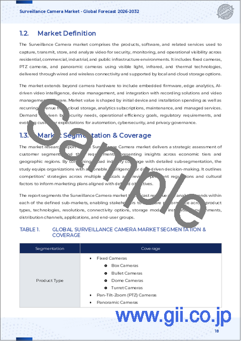 サンプル1：監視カメラ市場：製品タイプ別、技術別、レンズタイプ別、解像度別、接続性別、設置場所別、エンドユーザー別、流通チャネル別- 世界予測2025-2032