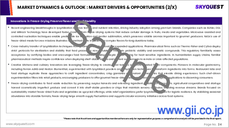 サンプル1：フリーズドライ食品市場規模、シェア、成長分析：製品タイプ別、性質別、形態別、最終用途別、流通経路別、地域別－業界予測2026-2033年