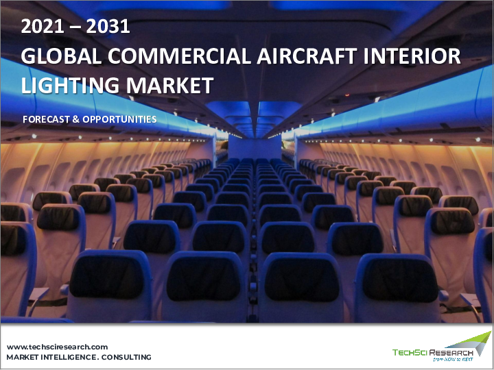 表紙：商用航空機内装照明市場- 世界の産業規模、シェア、動向、機会、および予測：航空機タイプ別、照明タイプ別、客室クラス別、地域別、競合予測と機会、2021-2031年