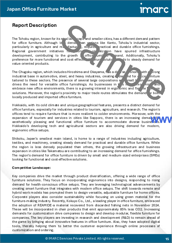 サンプル1：日本のオフィス家具市場規模、シェア、動向および予測（素材別、製品別、流通経路別、地域別、2026-2034年）