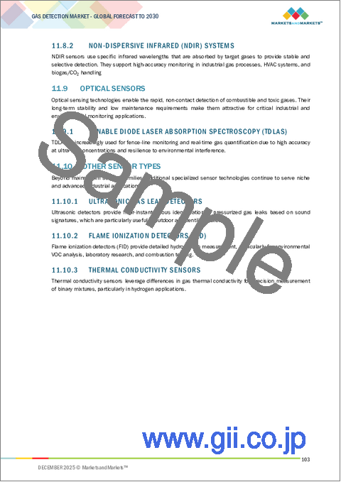 サンプル2：ガス検知の世界市場：構成部品別、アラームコンフィギュレーション別、電源別、通信プロトコル別、接続性別、デバイスタイプ別、設置タイプ別、ガスタイプ別、技術別、業界別、地域別 - 2030年までの予測