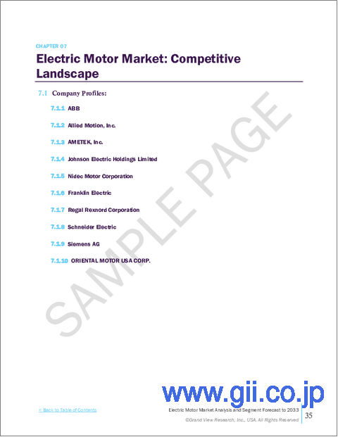 サンプル2：電動モーター市場規模、シェア及び動向分析レポート：モーター別、出力別、用途別、地域別、セグメント別予測（2026年～2033年）