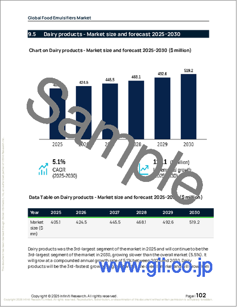 サンプル2：食品用乳化剤の世界市場、2026年～2030年