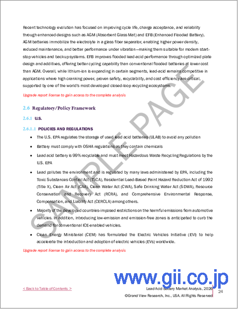 サンプル1：鉛蓄電池市場規模、シェア及び動向分析レポート：製造方法別、用途別、製品別、地域別、セグメント別予測（2026～2033年）