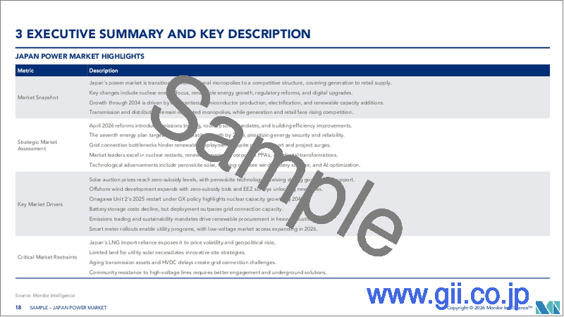 サンプル2：日本の電力：市場シェア分析、業界動向と統計、成長予測（2026年～2031年）