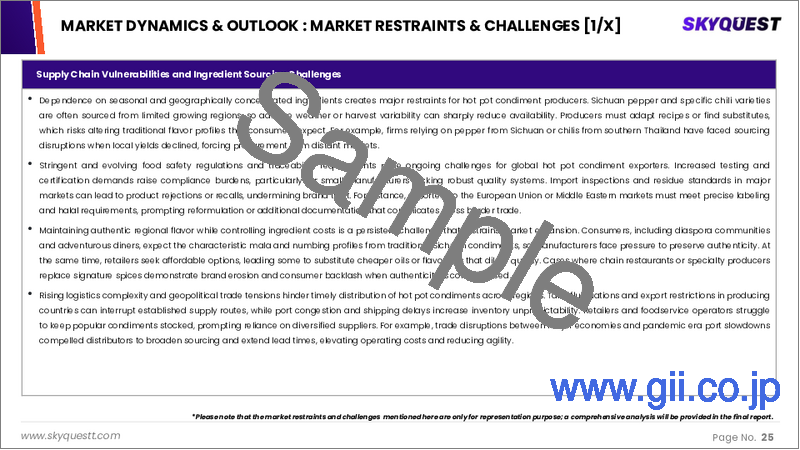 サンプル1：火鍋調味料市場の規模、シェア、成長分析：製品タイプ別、風味プロファイル別、原料タイプ別、用途別、包装形態別、地域別－業界予測 2026-2033年