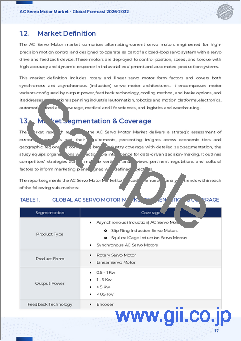サンプル1：ACサーボモーター市場：タイプ別、出力電力別、製品別、流通チャネル別、フィードバック方式別、用途別－世界予測（2026～2032年）