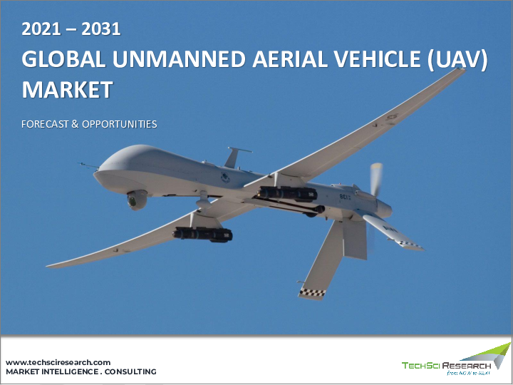 表紙：無人航空機（UAV）市場- 世界の産業規模、シェア、動向、機会、および予測：クラス別、タイプ別、エネルギー源別、運用モード別、航続距離別、最大離陸重量別、エンドユーザー産業別、地域別および競合状況、2021-2031年